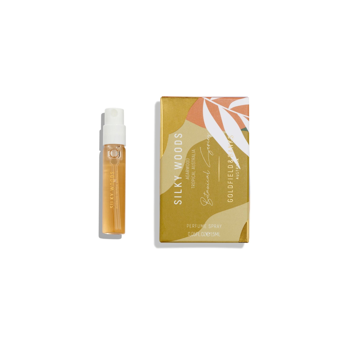 Amostra de perfume Goldfield and Banks Silky Woods 2ml – frasco oficial de fragrância de nicho da Austrália, aroma unissex com notas amadeiradas luxuosas.