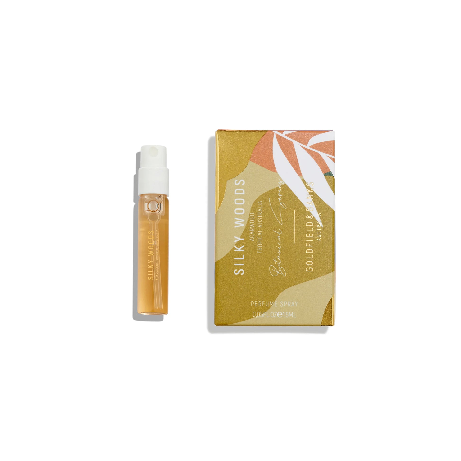 Amostra de perfume Goldfield and Banks Silky Woods 2ml – frasco oficial de fragrância de nicho da Austrália, aroma unissex com notas amadeiradas luxuosas.