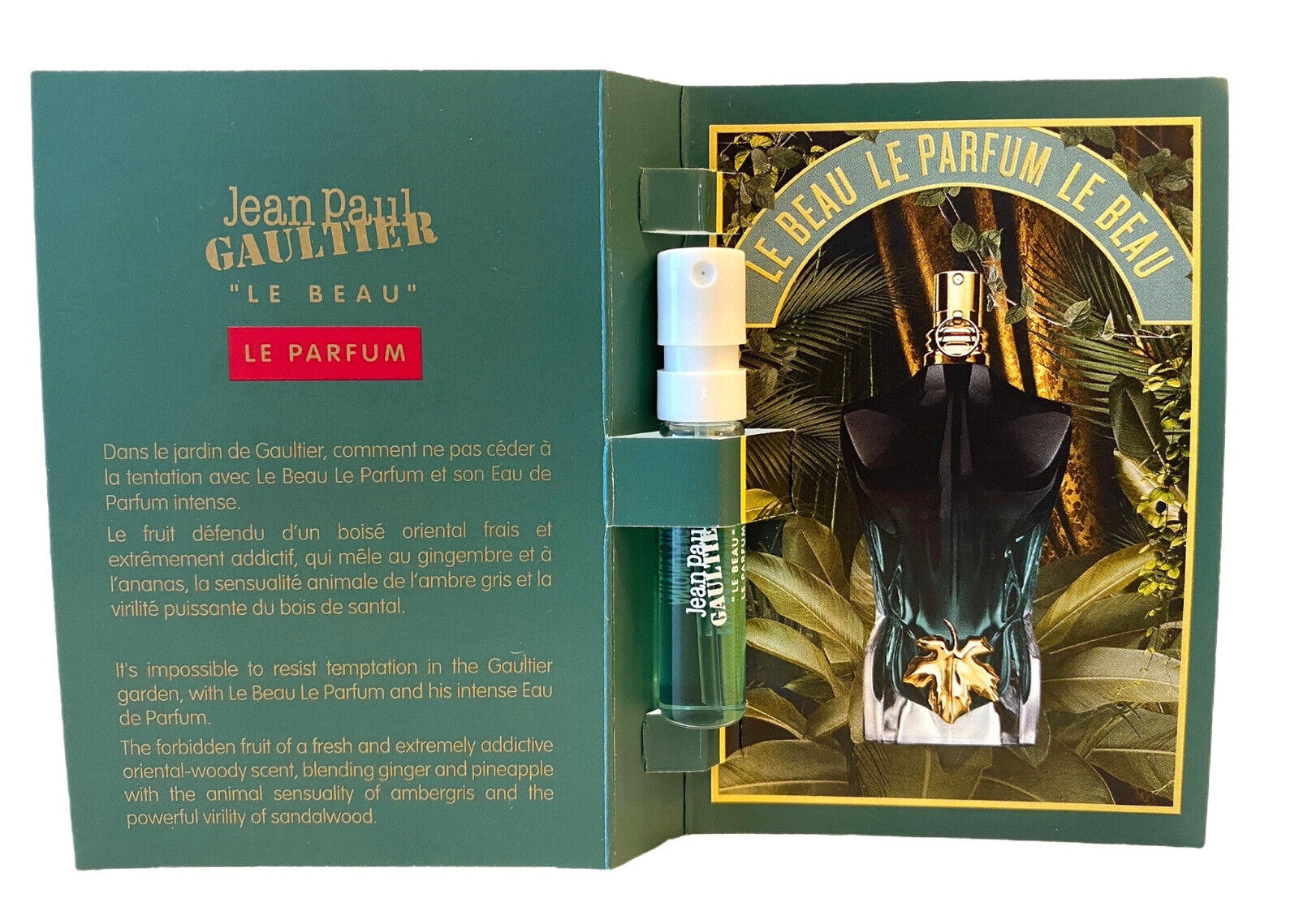 Amostra oficial do perfume Jean Paul Gaultier Le Beau Le Parfum Intense, testador de fragrância Jean Paul Gaultier Le Beau Le Parfum Intense
