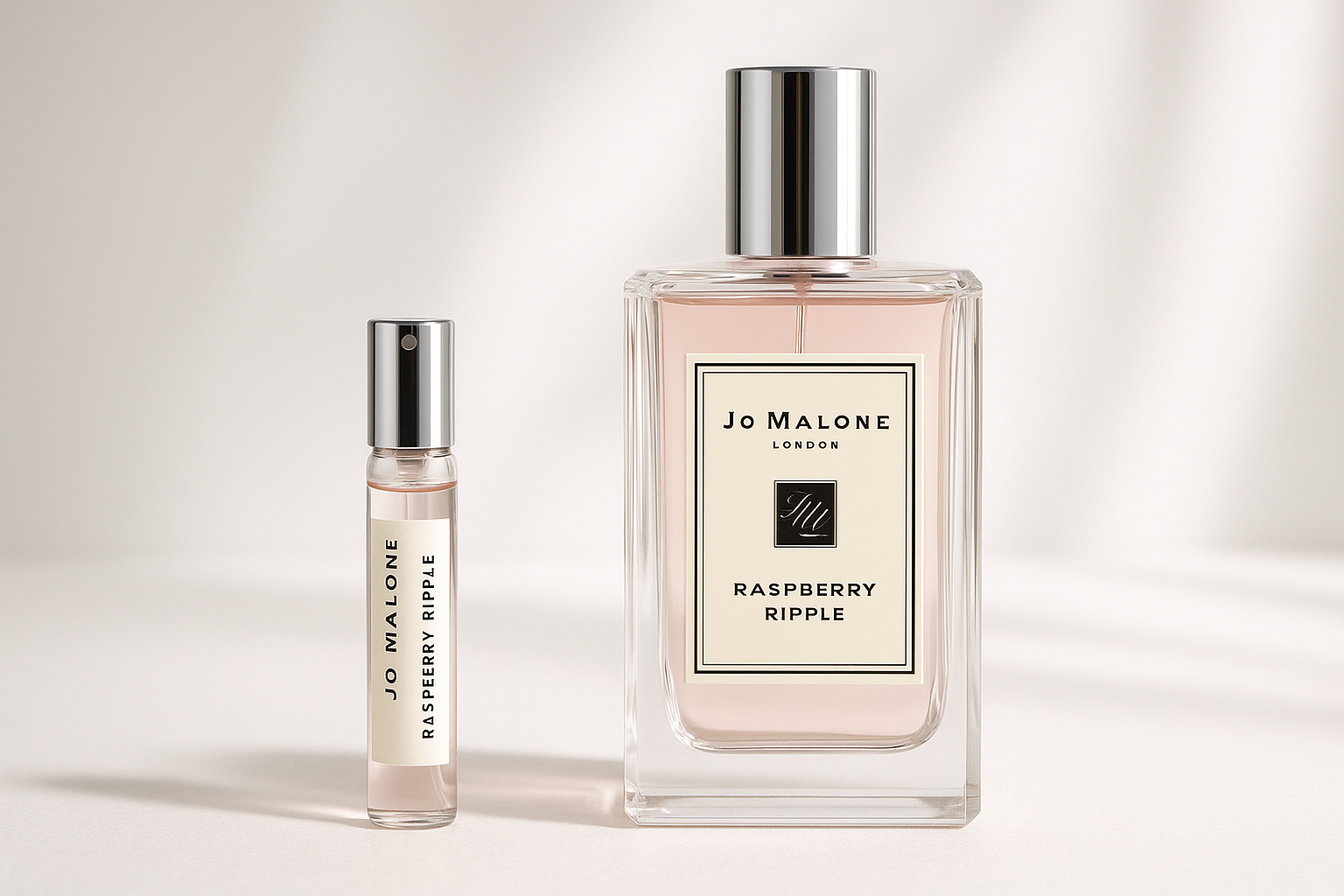 Amostra de perfume Jo Malone Raspberry Ripple de 2 ml ao lado de um frasco de perfume Jo Malone Raspberry Ripple de 100 ml