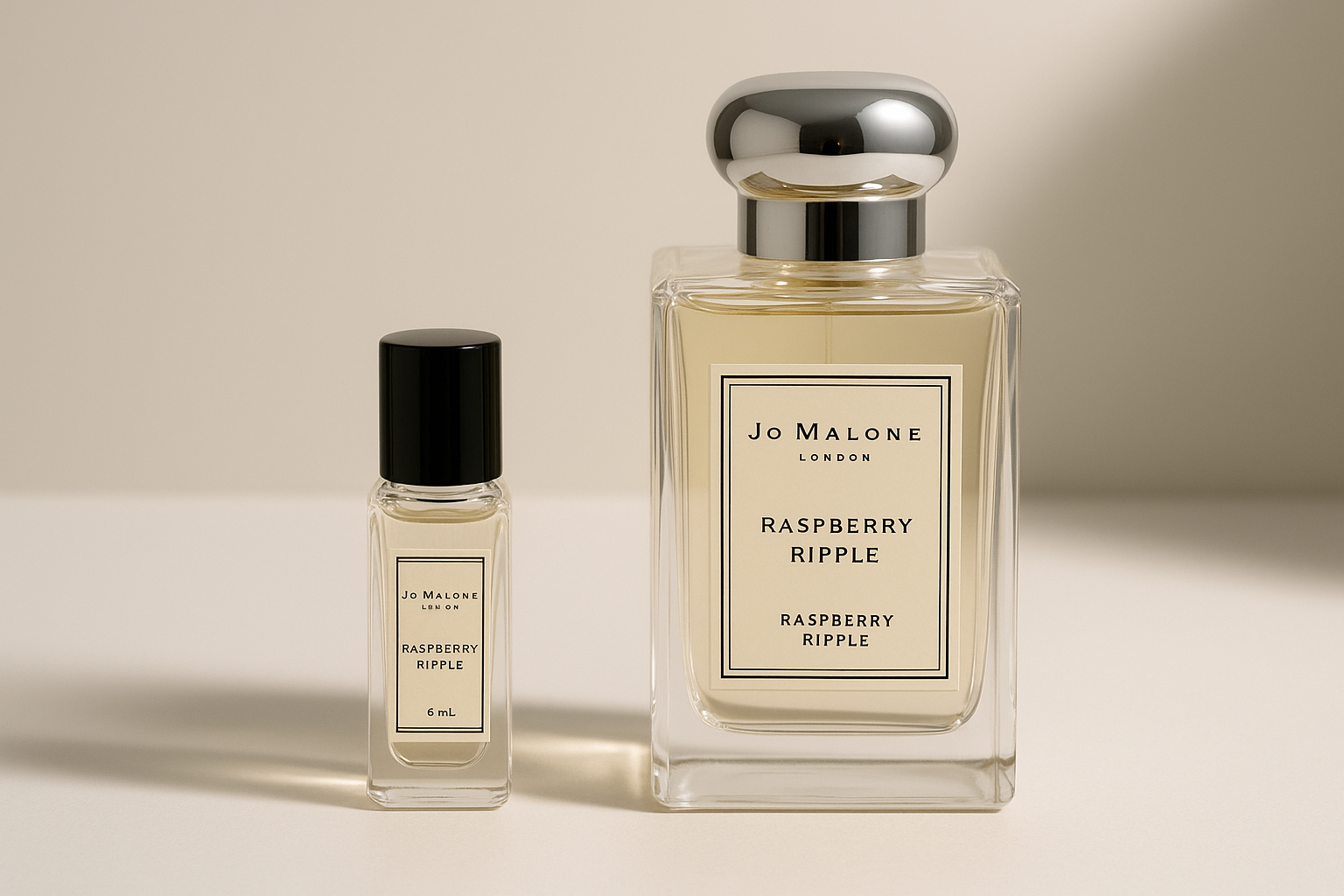 Amostra de perfume Jo Malone Raspberry Ripple de 6 ml ao lado de um frasco de 100 ml de Jo Malone Raspberry Ripple