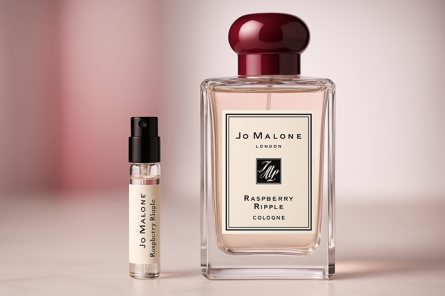 Amostras de perfume Jo Malone Raspberry Ripple Cologne, amostra de perfume de 1ml ao lado do frasco de perfume Jo Malone Raspberry Ripple Cologne de 100ml