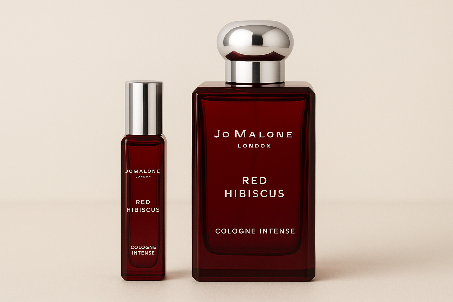 Amostra de Jo Malone Red Hibiscus Cologne Intense de 12 ml ao lado de um frasco de perfume de 100 ml de Jo Malone Red Hibiscus Cologne Intense, com escrita branca no frasco vermelho escuro