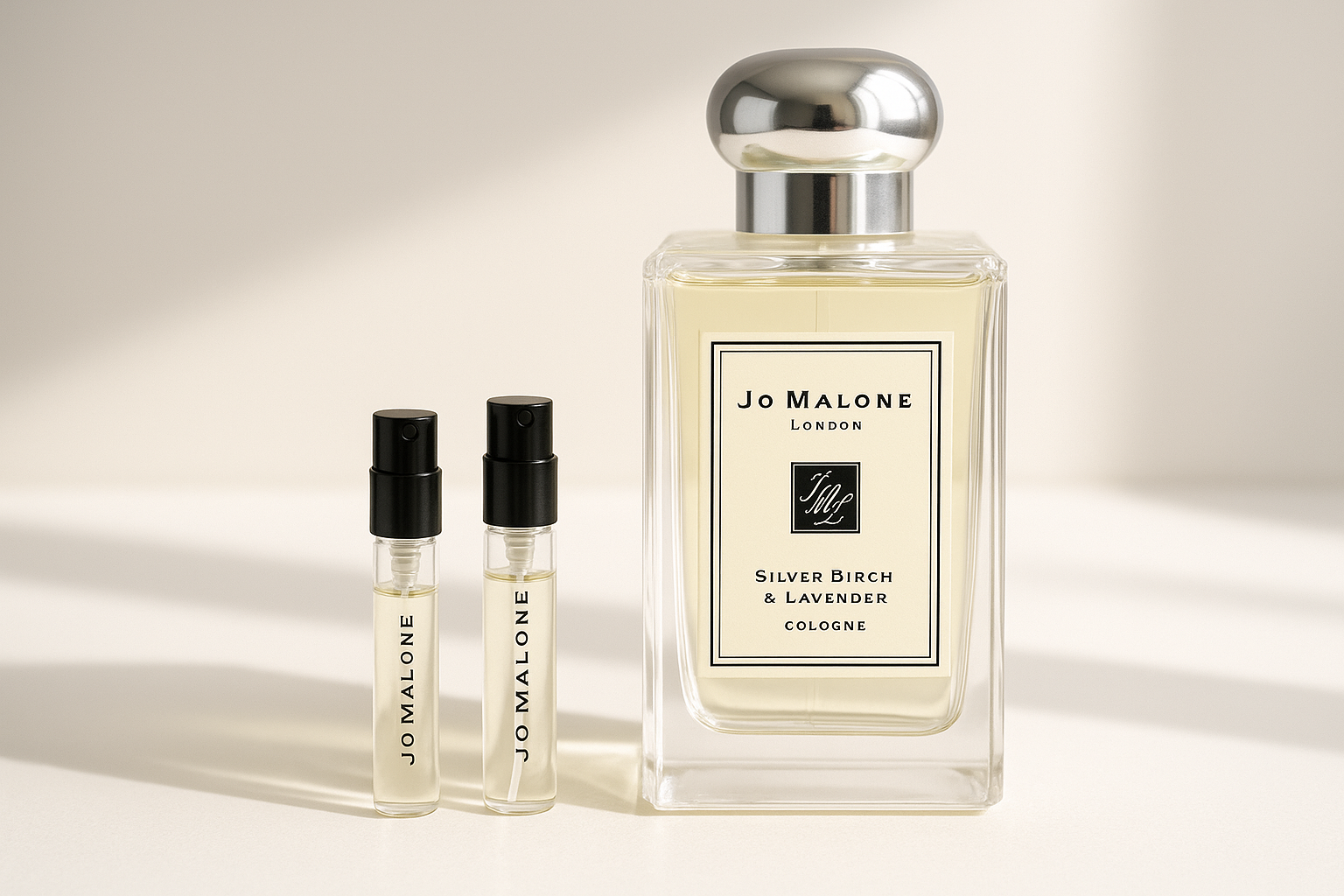 Amostras de perfume Jo Malone Silver Birch & Lavender Cologne de 1 ml ao lado da fragrância Jo Malone Silver Birch de 100 ml