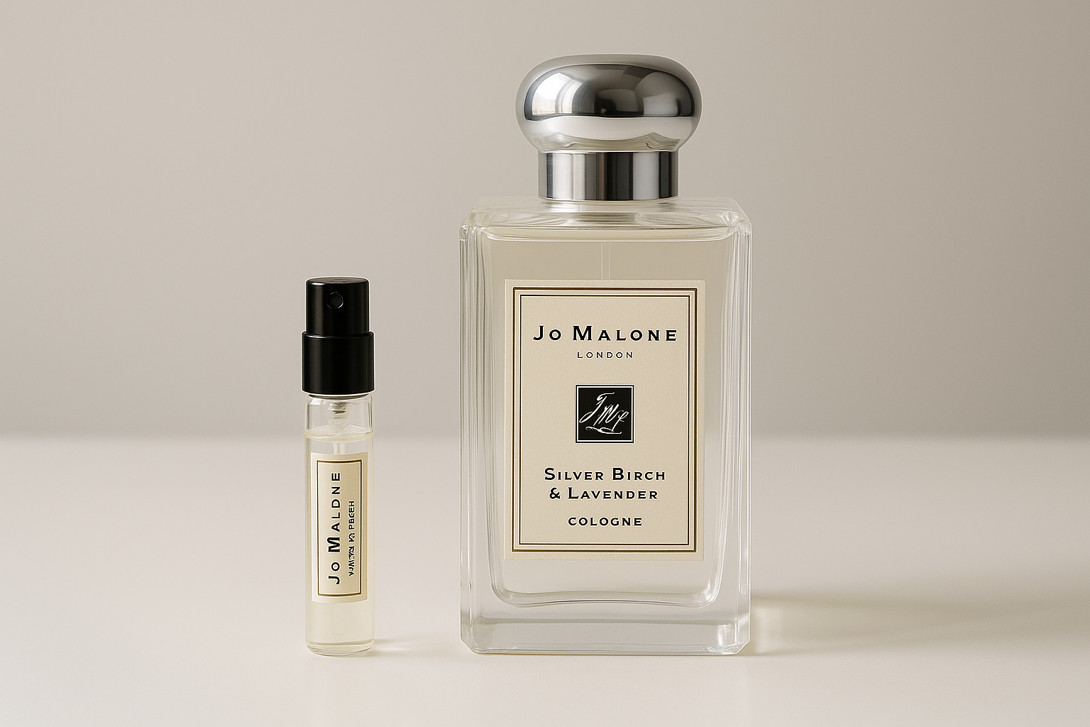 Amostras de perfume Jo Malone Silver Birch & Lavender Cologne, amostra de perfume de 2 ml ao lado da fragrância Jo Malone Silver Birch & Lavender de 100 ml