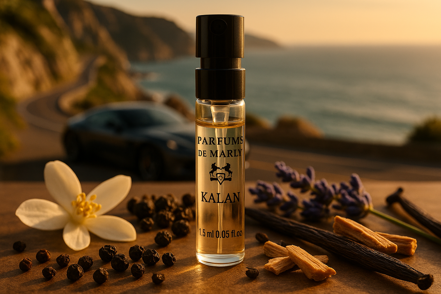 Amostra oficial de perfume Parfums De Marly Kalan 1,5ml 0,05 fl. o.z. testador de perfume, ao fundo é um carro de luxo na costa do mar, a amostra é cercada por notas de fragrância da fragrância Kalan