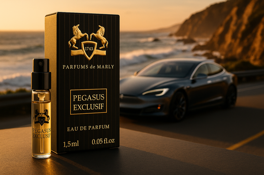 Parfums De Marly Pegasus Exclusif amostra oficial de perfume 1,5ml 0,05 fl. o.z. testador de perfume, ao fundo carro elétrico de luxo na costa