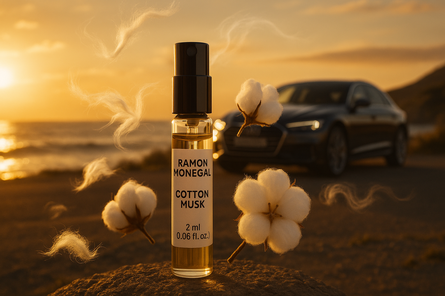Amostra oficial do perfume Ramon Monegal Cotton Musk 2ml 0,06 fl.o.z. testador de perfume, carro de luxo ao fundo perto da costa do mar ao pôr do sol, a amostra é cercada pelas notas da fragrância Cotton Musk