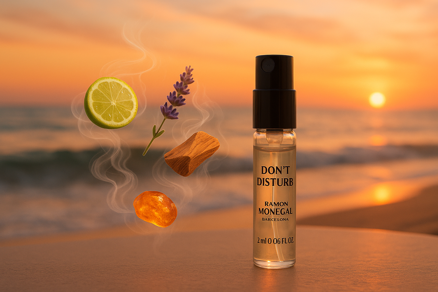 Amostra oficial do perfume Ramon Monegal Don't Disturb 2ml 0,06 fl.o.z. testador de perfume, amostra de perfume cercada por notas de fragrância Don't Disturb em frente à costa do mar ao pôr do sol