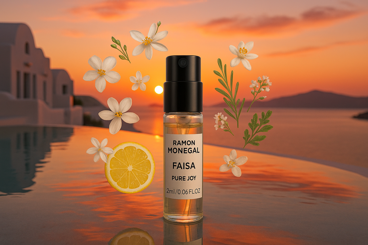 Amostra oficial do perfume Ramon Monegal Faisa Pure Joy, 2ml, testador de perfume de 0,06 fl.o.z., ao fundo, pôr do sol na piscina de Santorini, amostra cercada por notas de fragrância Faisa Pure Joy