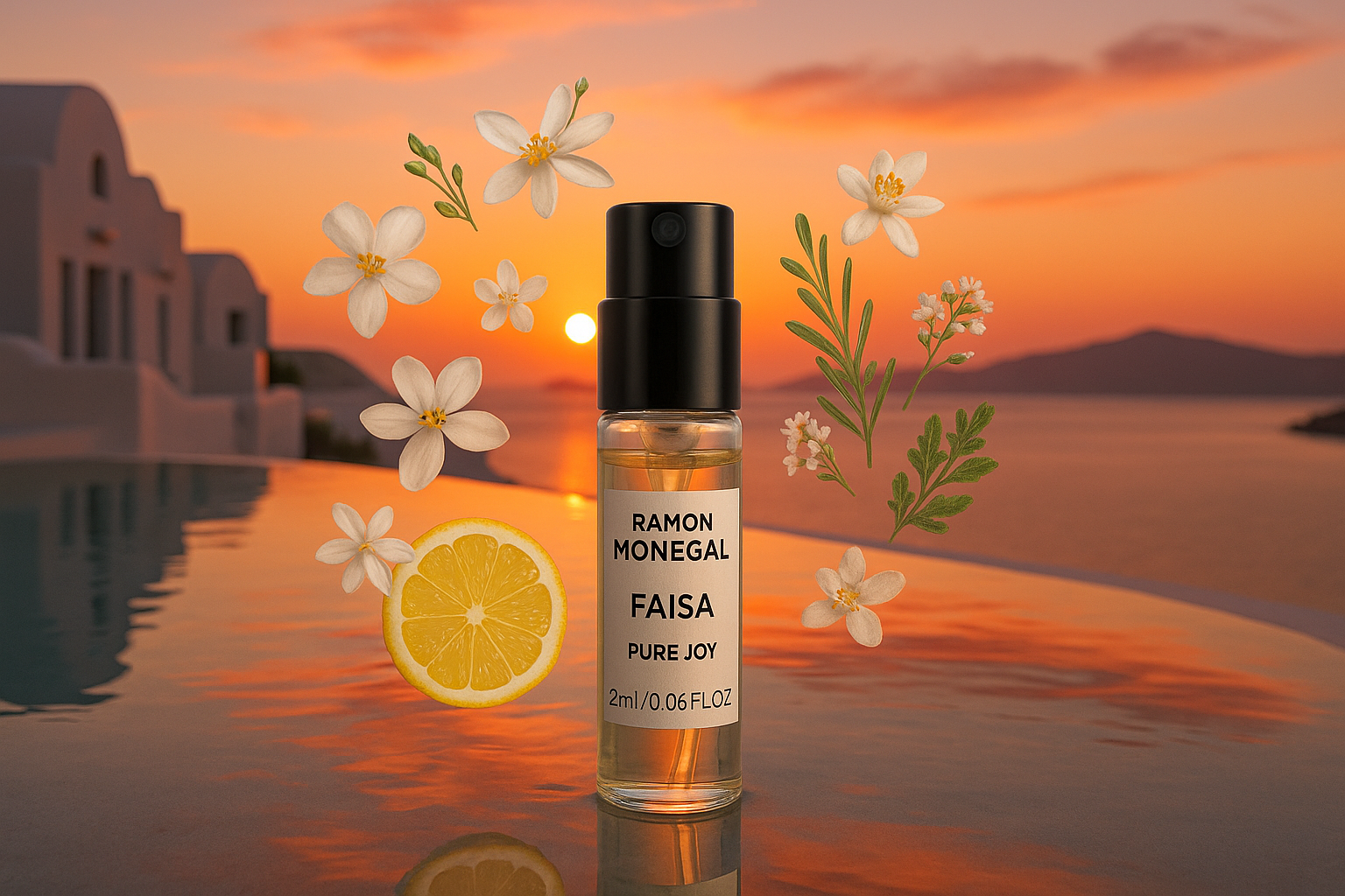 Amostra oficial do perfume Ramon Monegal Faisa Pure Joy, 2ml, testador de perfume de 0,06 fl.o.z., ao fundo, pôr do sol na piscina de Santorini, amostra cercada por notas de fragrância Faisa Pure Joy