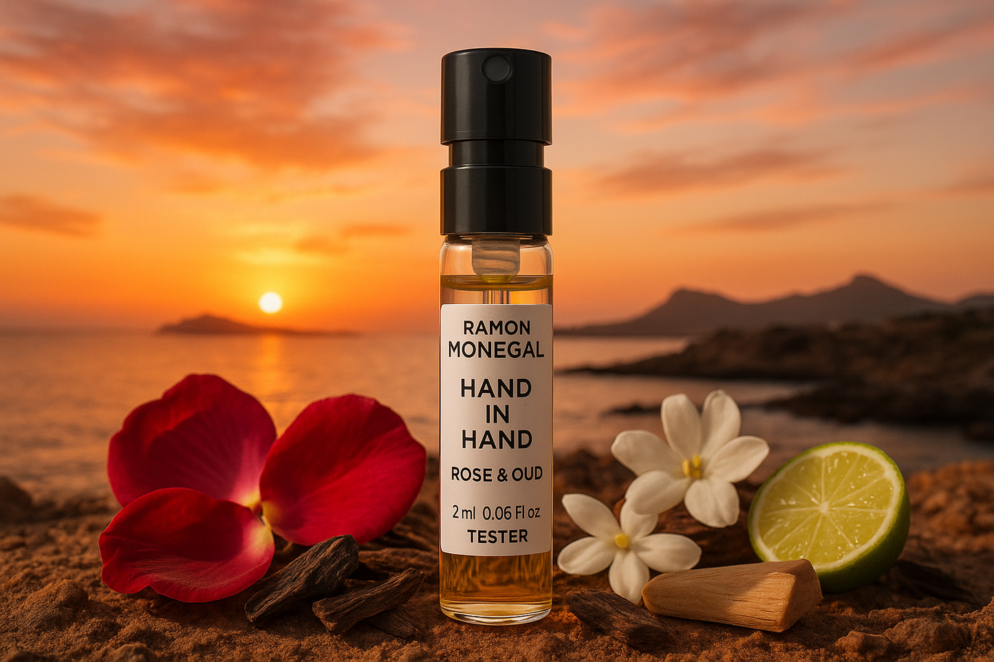 Amostra oficial do perfume Ramon Monegal Hand in Hand Rose & Oud, 2ml, testador de perfume de 0,06 fl.o.z., ao fundo, pôr do sol na Isla Plana, Espanha, a amostra é cercada por notas de fragrância Hand in Hand Rose & Oud.
