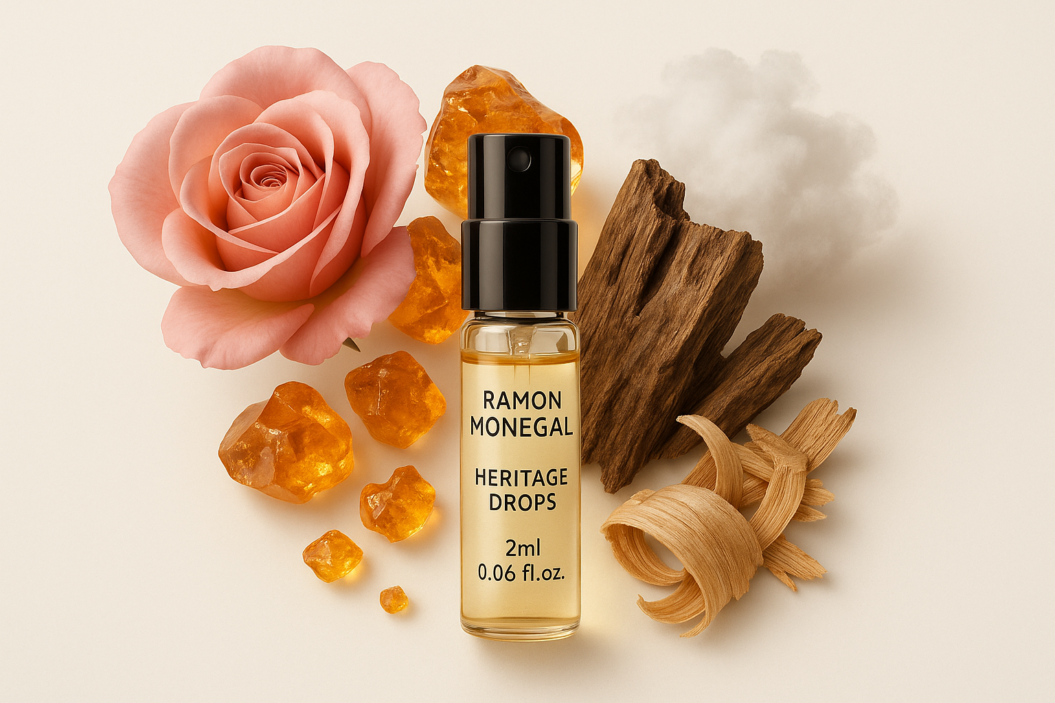 Amostra oficial do perfume Ramon Monegal Heritage Drops, frasco de amostra de 2ml e 0,06 fl.o.z., com notas de fragrância Heritage Drops.