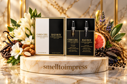 imagem do conjunto de amostras de perfume Carolina Herrera Good Girl 1,5 ml + Bad Boy 1,5 ml