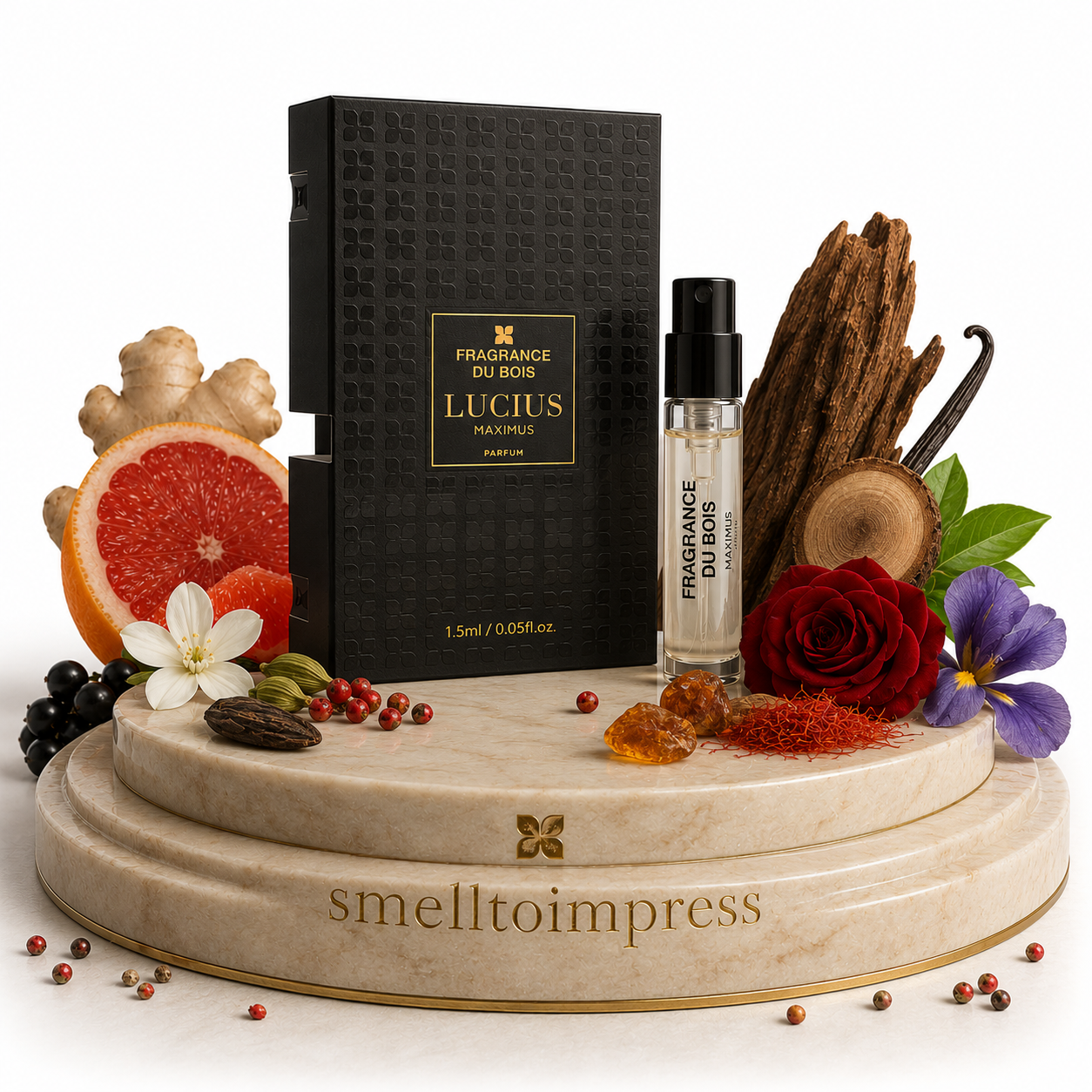 imagem da amostra oficial de perfume Fragrance Du Bois Lucius Maximus 1,5 ml 0,05 fl. oz.