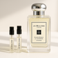 Amostras de perfume Jo Malone Silver Birch & Lavender Cologne de 1 ml ao lado da fragrância Jo Malone Silver Birch de 100 ml