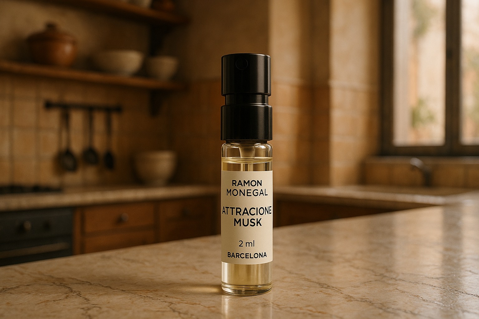 Amostra oficial do perfume Ramon Monegal Atractone Musk 2ml 0,06 fl.o.z. testador de perfume, estilo italiano enquanto cozinha de sombra