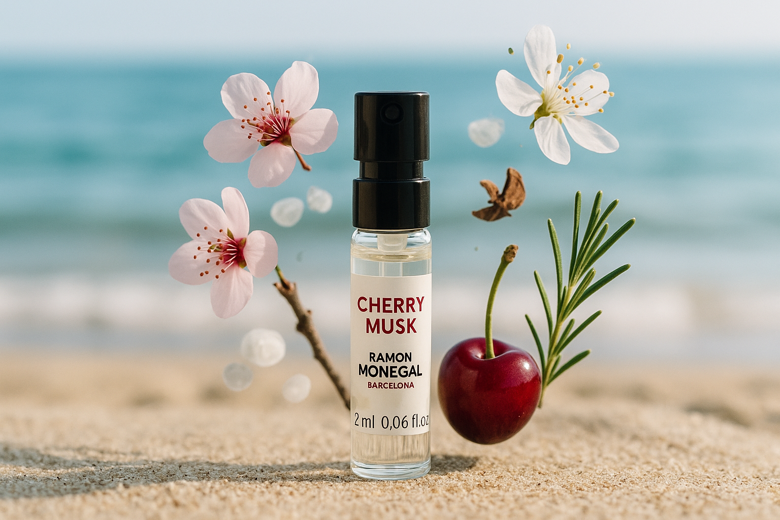 Amostra oficial do perfume Ramon Monegal Cherry Musk, 2ml, testador de perfume 0,06 fl.o.z.