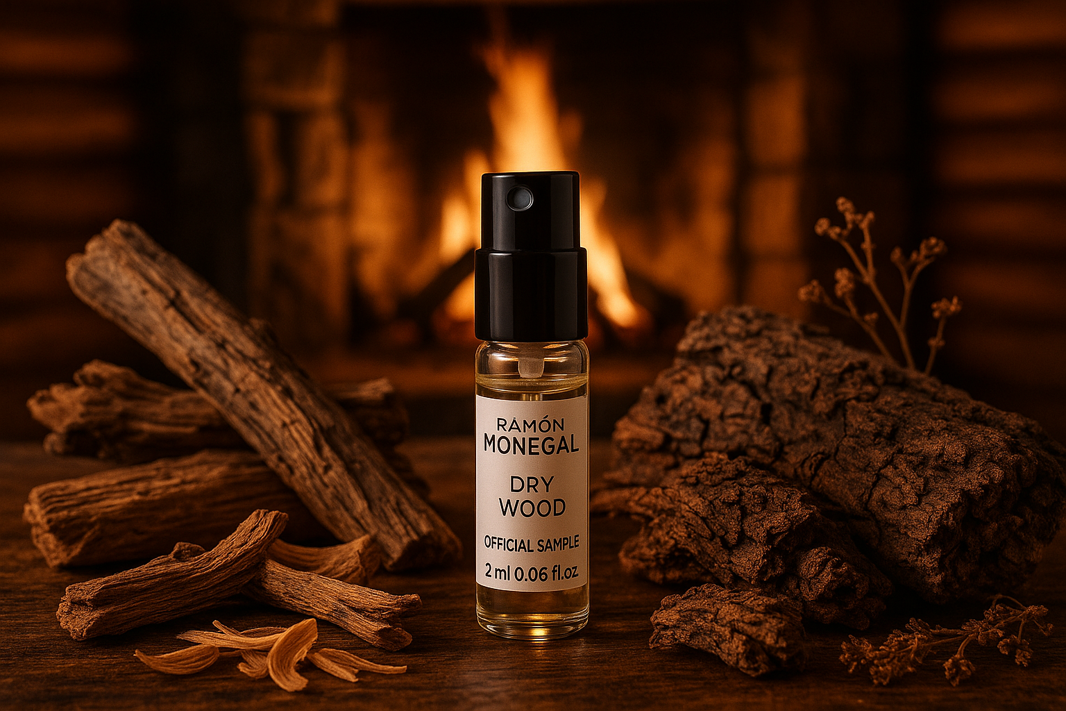 Amostra oficial do perfume Ramon Monegal Dry Wood, 2ml, testador de perfume 0,06 fl.o.z.