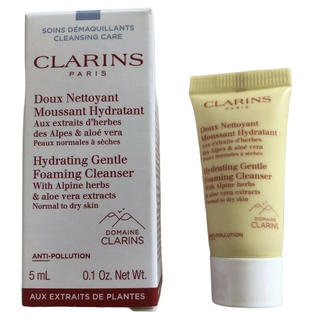 Mini amostra de limpeza hidratante e espumante Clarins, 5ml (0,1 oz). Pele normal a seca.